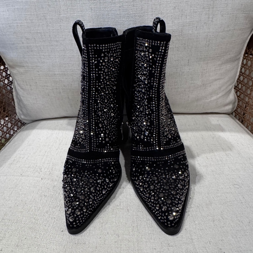 ISNOM Rhinestone Cowboy Boots Sparkly Ankle Boots with Pointed Toe and Chunky He